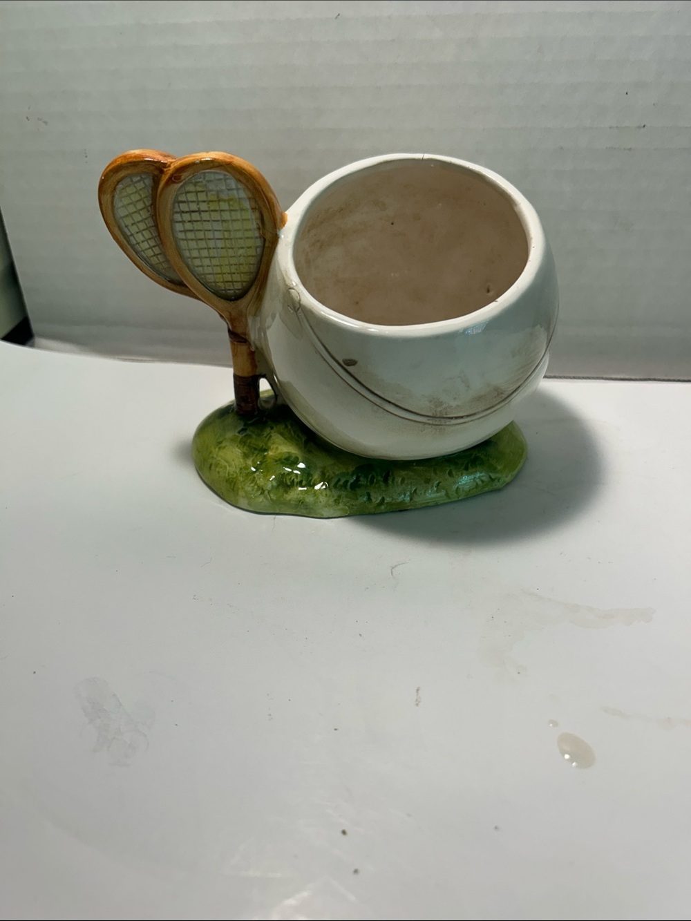 Ceramic Tennis Ball Planter with Racket Accent - White and Green